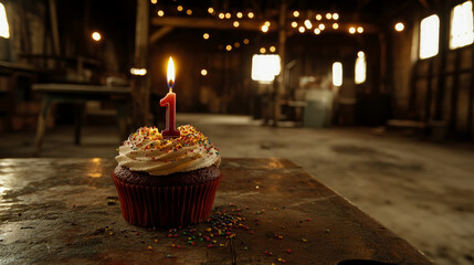 A single cupcake topped with frosting and a candle stands alone on a wooden table in a dimly lit, rustic space adorned with warm lights