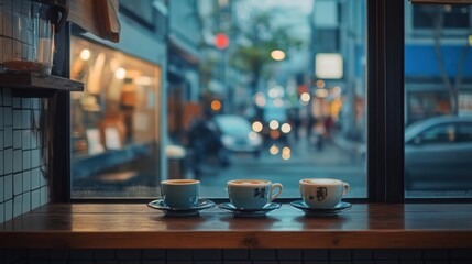 Warm atmosphere of a coffee shop corner, featuring aromatic coffee cups and a bustling street view through the glass