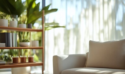 Sunlit living room with beige sofa, wooden shelf, and plants.