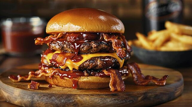 This appetizing bacon cheeseburger features multiple beef patties, melted cheese, and barbecue sauce, accompanied by crispy fries for a satisfying meal experience.