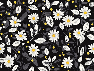 A pattern of small white flowers and leaves on a black background. 