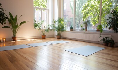 Sunlit yoga studio with mats and plants.