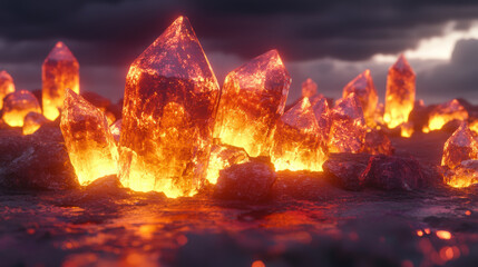 Glowing crystals emerge from rocky landscape, radiating warmth and light. surreal scene captivates with its vibrant colors and mystical atmosphere, evoking sense of wonder