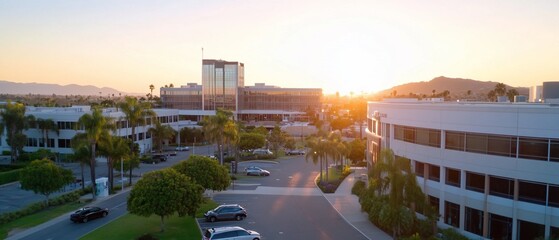 Sunset view of office park with modern buildings, palm trees, and cars in parking lot.