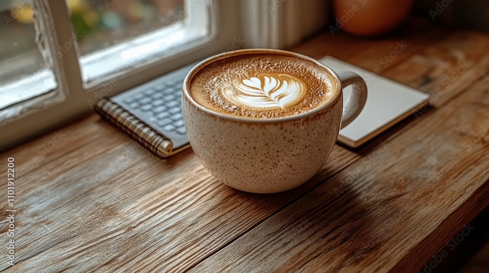 Poster a beautiful coffee cup with intricate latte art rests on a rustic wooden table next to a notepad and