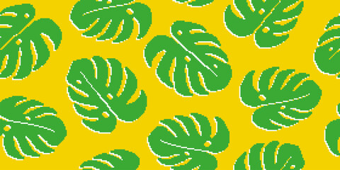 Pixel art monstera leaves pattern, tropical floral textured background. © Rifatho