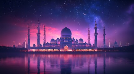 Fototapeta premium A majestic grand mosque beneath a radiant purple and blue night sky