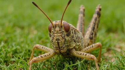 Detailed macro view of a grasshoppers textured face and intricate features