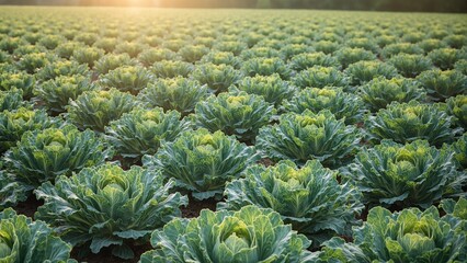 Fototapeta premium Fresh cabbage heads in morning light ready for harvest