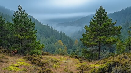 Obraz premium A serene forest landscape shrouded in mist, showcasing lush greenery and tranquil hills.
