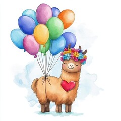 Naklejka premium Watercolor illustration clipart of a llama wearing a flower crown and carrying heart-shaped balloons tied to its back, isolate on white background.
