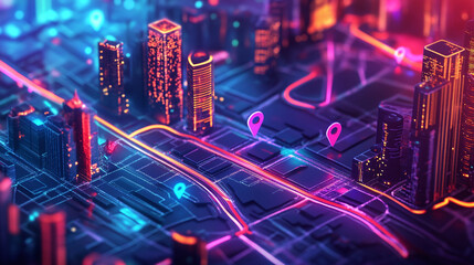 A digital map interface displaying a vibrant cityscape with GPS pins marking key locations