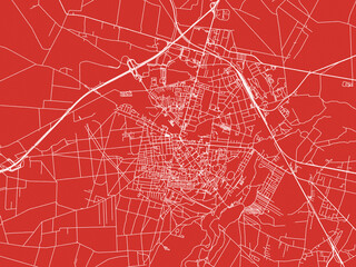 Christmas Map of Tomaszow Mazowiecki, Poland in Snowy White on Festive Red Background.