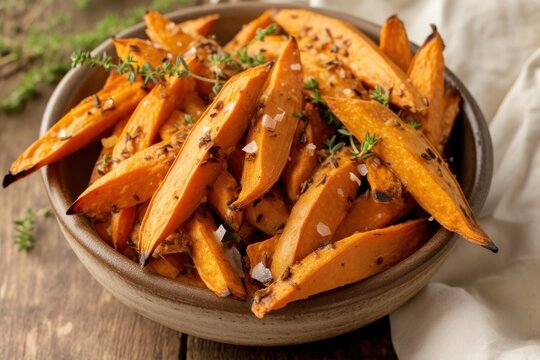 A bowl of delicious, crispy sweet potato fries seasoned with cumin and sea salt and garnished with fresh thyme.
