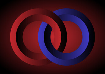 Enlace rojo y azul sobre fondo degradado rojo. Unión pasional. Enlace heterosexual. 2 aros enlazados en degradado rojo, azul y negro