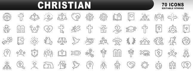 Big set of christian related line icon set. Cross, bible, christmas, easter, dove etc. Editable stroke