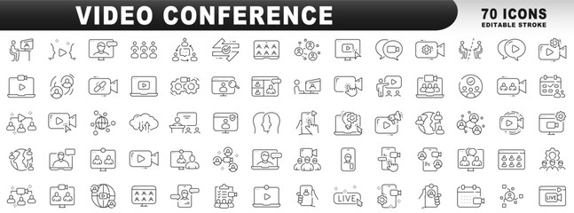 Big set of video conference line icons. Meeting, online, live, call etc. Editable stroke