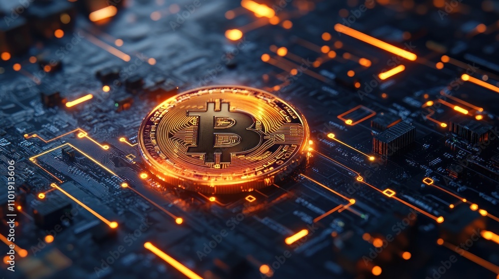 Poster a golden bitcoin cryptocurrency coin is placed on a computer circuit board with glowing orange light