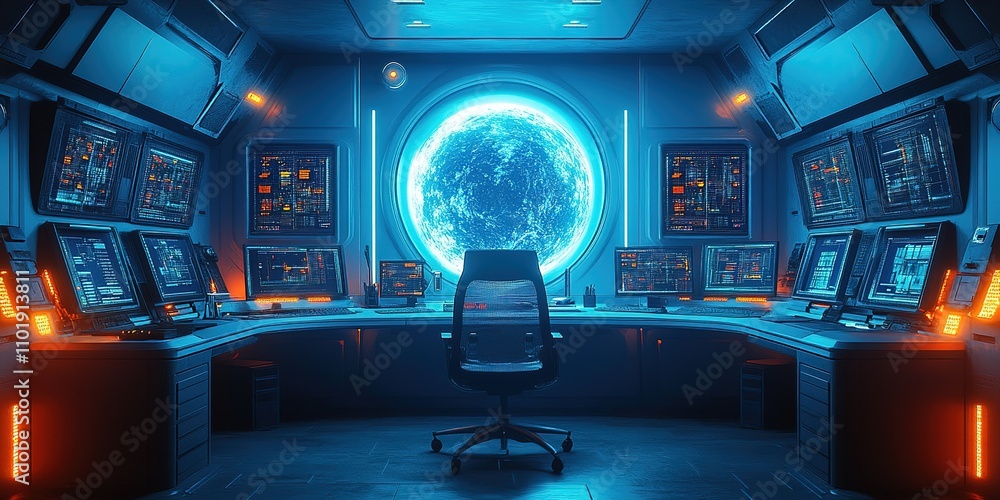 Poster futuristic control room with glowing digital interfaces and large window showing a distant celestial