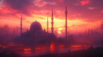 Naklejka premium A grand mosque with glowing lights during a breathtaking sunset