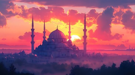 Fototapeta premium A grand mosque under a peaceful pastel-toned morning sky