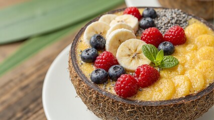 Colorful tropical smoothie bowl in coconut shell topped with chia seeds and berries