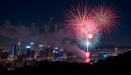 Vibrant fireworks over modern city skyline at night, festive atmosphere with reflections on river