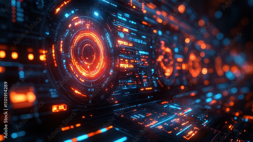 Poster abstract futuristic technology interface with glowing digital elements.
