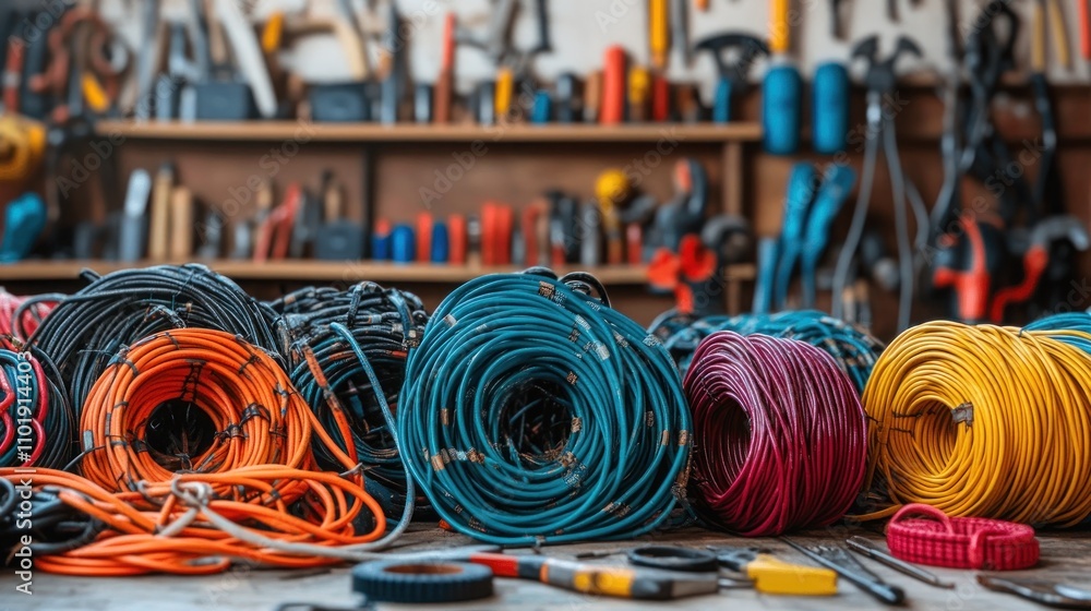 Poster a collection of colorful cables and tools arranged in a workshop setting.