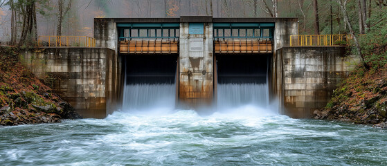 Dam Spillway with Flowing Water.