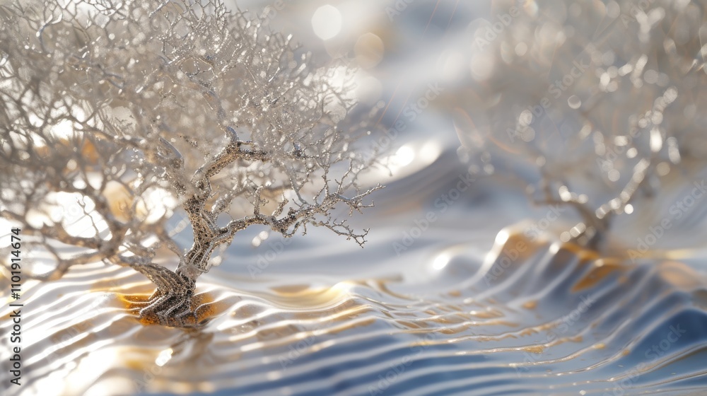 Poster a surreal 3d composition featuring metallic trees emerging from a rippling liquid surface. the abstr