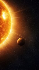 Obraz premium A vibrant depiction of a glowing sun with a nearby planet, set against a backdrop of deep space and stars.