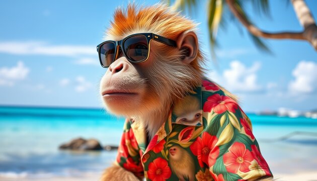 portrait illustration of a chimpanzee monkey wearing sunglasses and a hawaiian shirt enjoying vacation on a sunny tropical beach