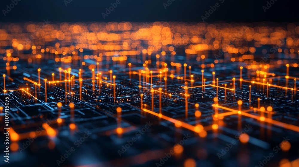 Poster a visually striking, abstract representation of a digital circuit board illuminated by glowing orang