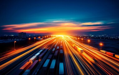 A vibrant sunset illuminates a busy freight yard, with streams of light from moving vehicles creating a dynamic atmosphere.