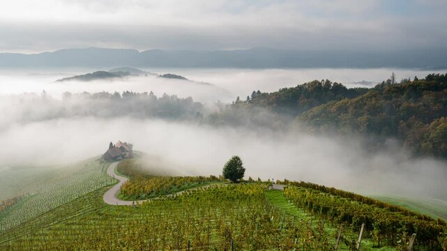 Time-lapse video of morning mists creeping over the picturesque, autumn-covered hills and the famous heart-shaped road near Maribor, close to the Austrian border in Slovenia