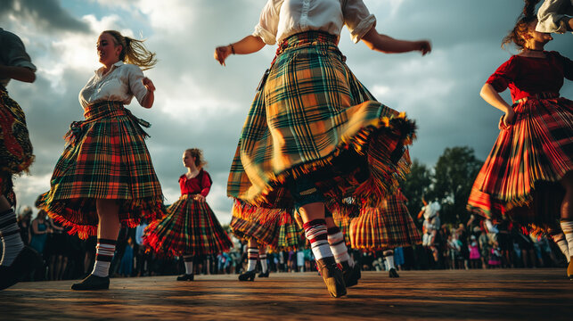 Highland dancers in colorful Scottish kilts performing outdoors