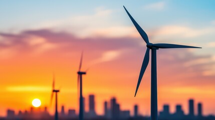 Energy Stock Electricity Sustainable Concept, Vibrant Cityscape with Wind Turbines at Sunset in Renewable Energy Era