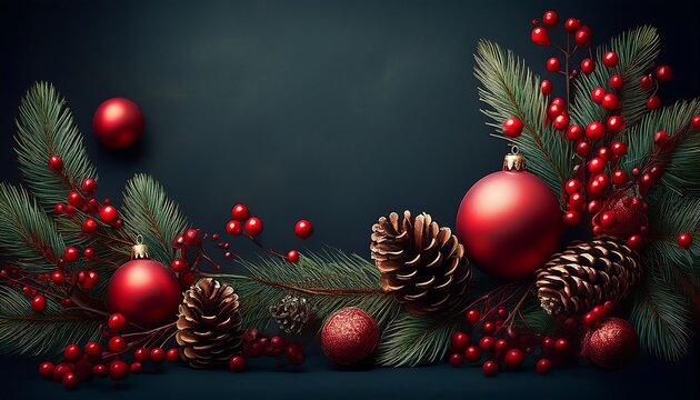  A festive Christmas scene is created with red baubles, pine branches, pinecones, and red be_1(203)