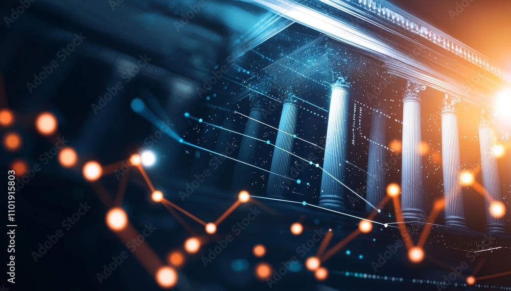 Poster a digital representation of data analytics, featuring graphs and pillars, symbolizing technology's i
