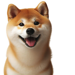 Obraz premium Portrait Smiling Shiba Inu dog, approximately one year old, sits prominently in a close-up shot, looking slightly to the side against, white isolated background PNG