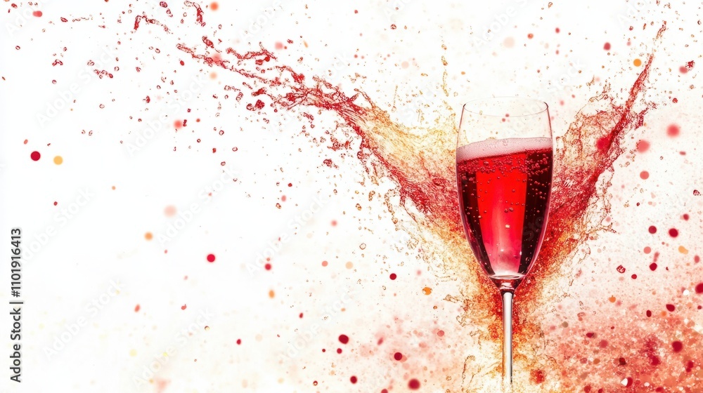 Poster red champagne splashing upward from a tilted glass, creating a dynamic and festive scene, isolated o
