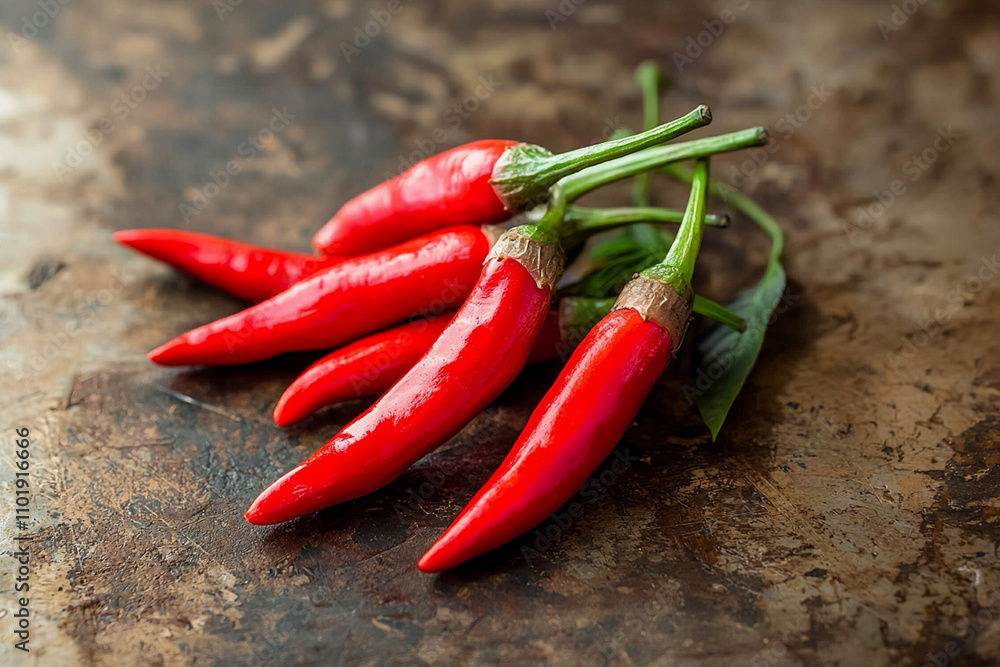 Poster fresh red chilies arranged on a rustic surface