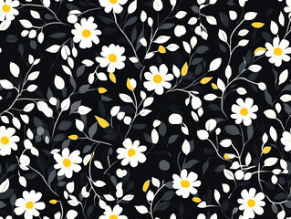 Obraz premium A pattern of small white flowers and leaves on a black background. 