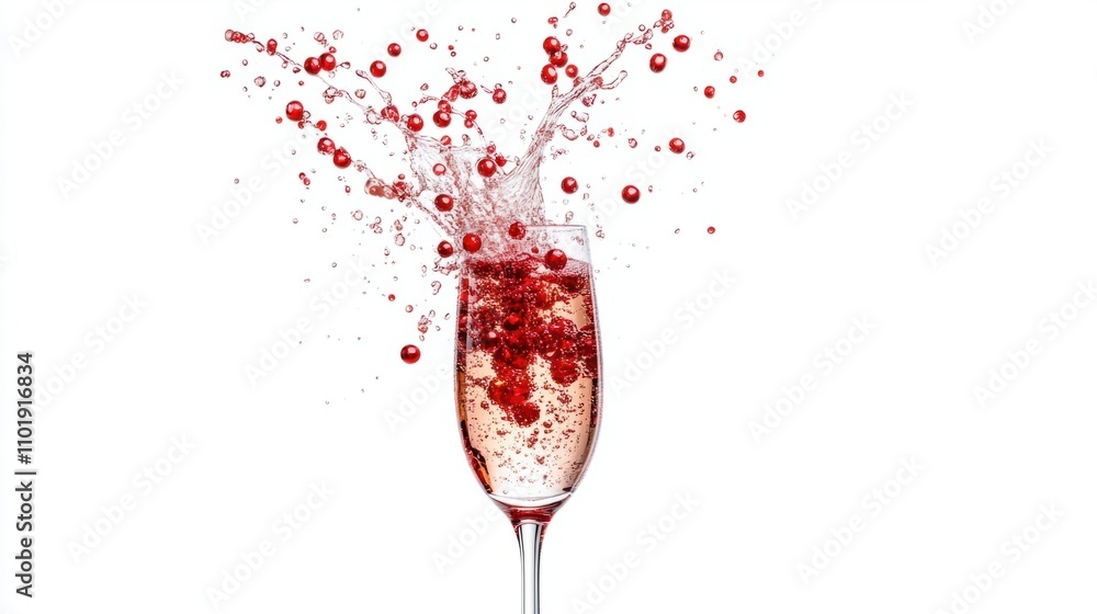 Poster red champagne splashing upward from a tilted glass, creating a dynamic and festive scene, isolated o