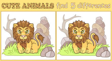 Cute funny lion, find five differences illustration