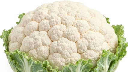 Fresh cauliflower head with dense white florets  vibrant green leaves close up shot