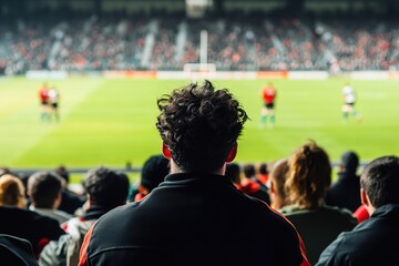 Curly-haired spectator at rugby game, crowd watching
