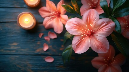Pink azalea blossoms with burning candles on dark wood.