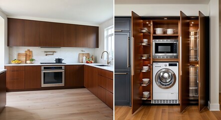 Fototapeta premium Hidden kitchen designs with retractable doors concealing appliances